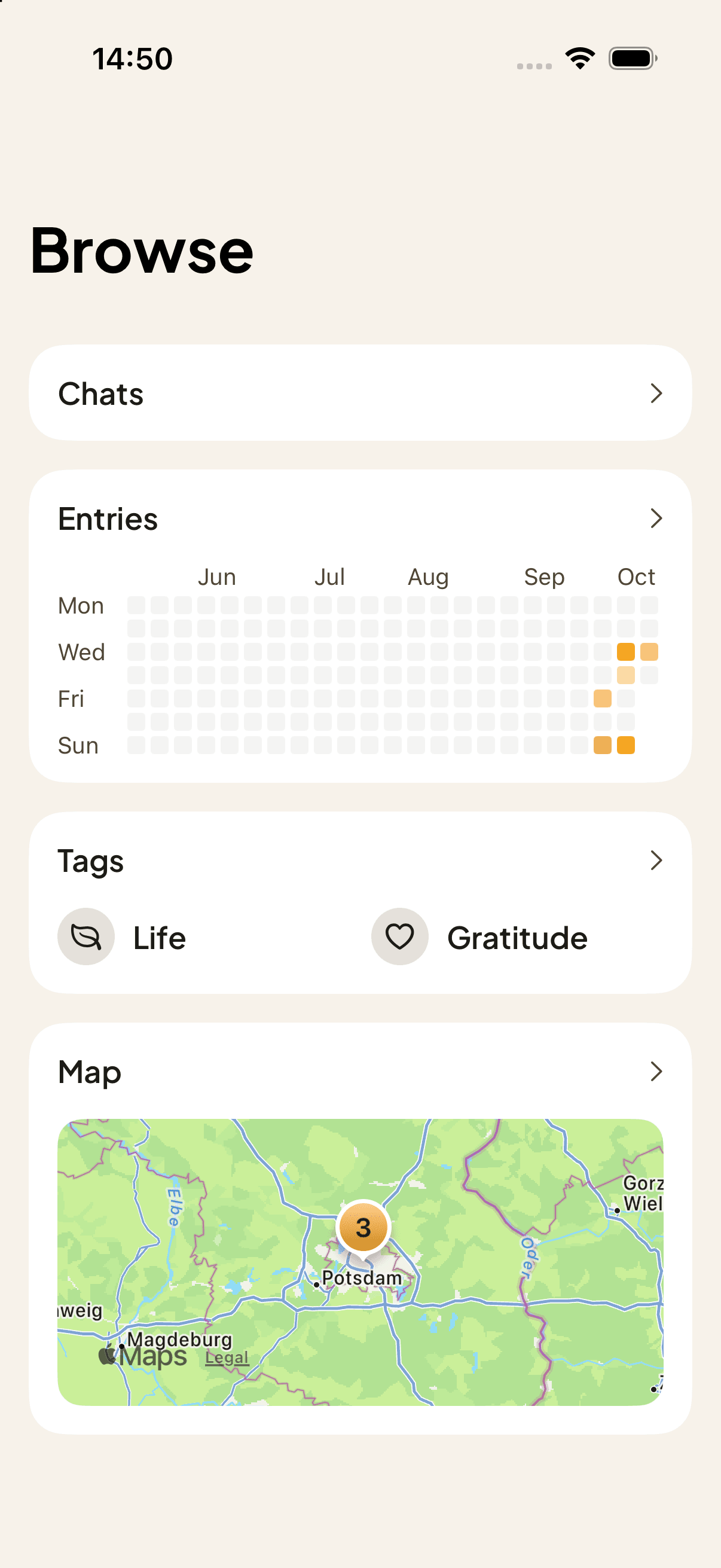 Journal entries around Potsdam on a map